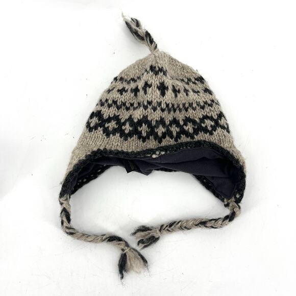 Kyber 100% Kids Brown Wool Knit Hat Ear Flaps Tassels Fleece lined Made Nepal - Picture 2 of 6